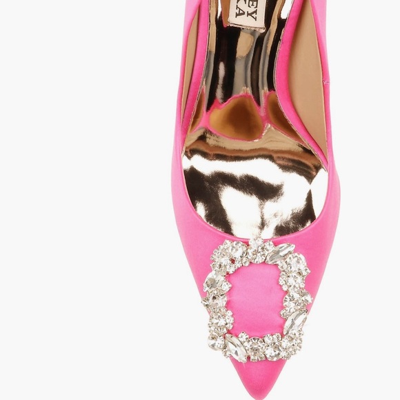 Badgley Mischka Cher Crystal Embellished Brooch Satin Pump Heels in Hot Pink - Picture 8 of 11